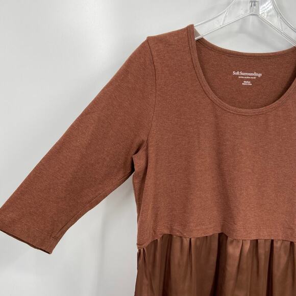 Soft Surroundings Odette Peplum Blouse Size M Brown Tunic Top Mixed Media - Picture 4 of 8